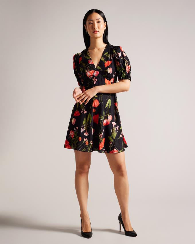 Peignoir Ted Baker Floral Mini Tea With Puff Sleeves Noir Femme | CKY-15353831